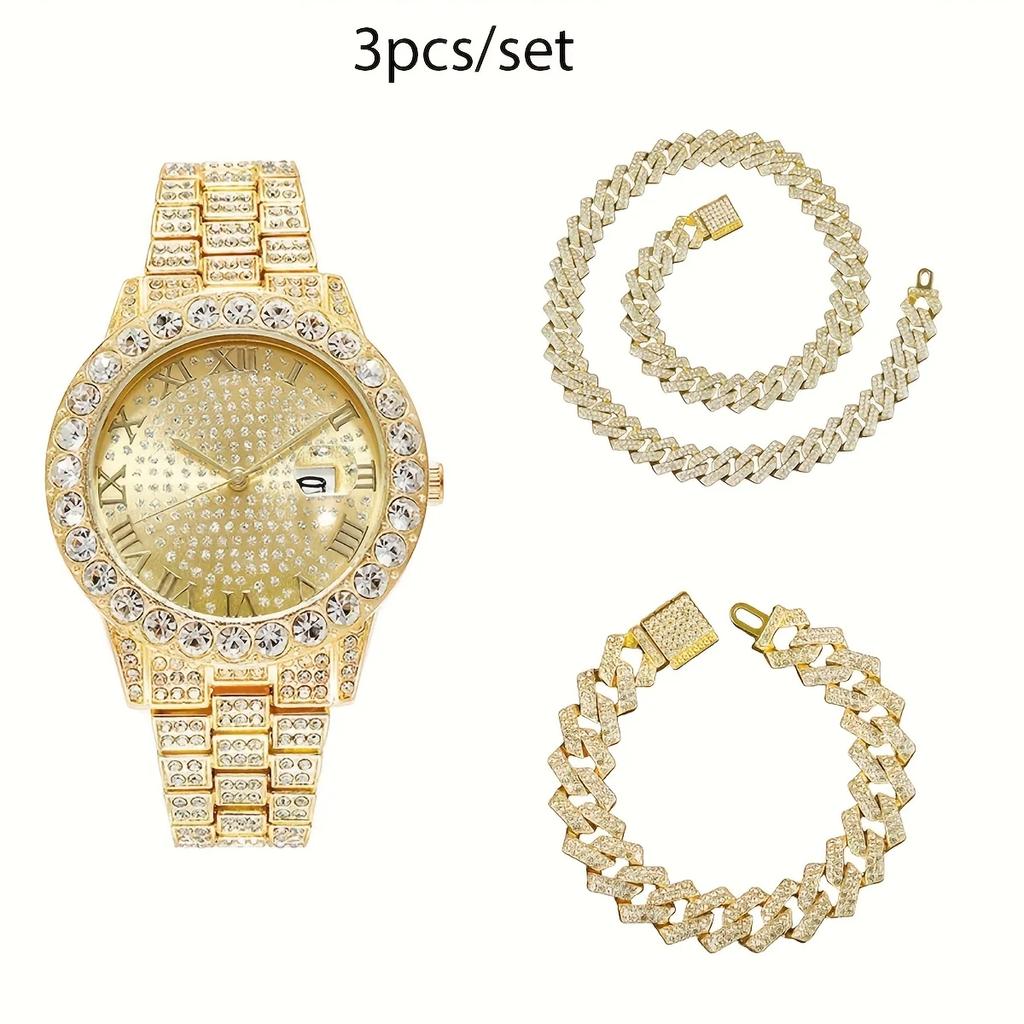3pcs/set 15mm Necklace+Bracelet+Watch Cuban Chain Watch Hip Hop Miami Curb Iced Out Paved Rhinestone Rapper Cuban Men Jewelry