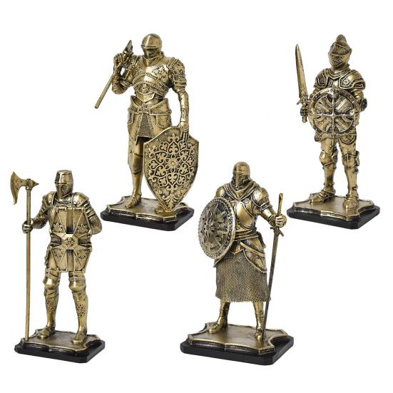 Medieval Knight Figurine, Vintage Resin Statue with Metallic Finish, Handcrafted Armor & Shield Details for Bookshelf, Office Desk Decor, Industrial