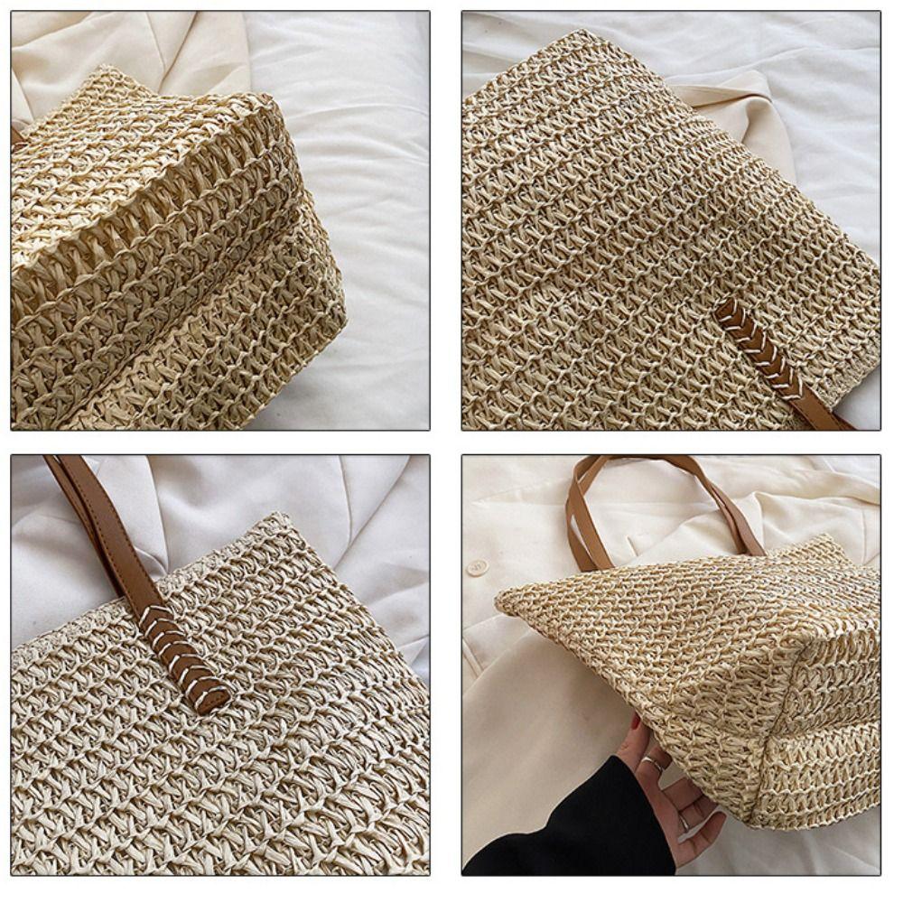 Bohemian Style Zipper Beach Bag Solid Color Hollow Tote Bag Trendy Weave Straw Bag  Spring