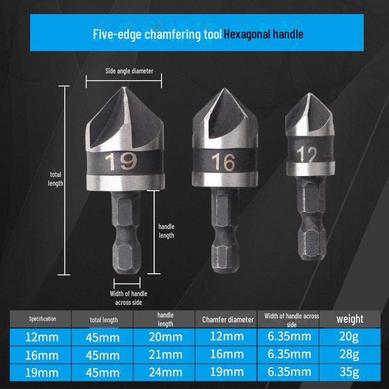 90 Degree Round Handle 5-Edged Chamfering Tool 3-Piece Set - 12mm/19mm Woodworking Hole Opener & Deburring Countersink