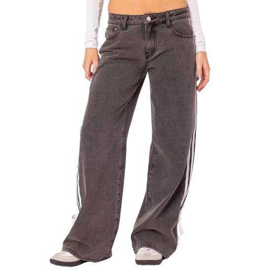Women's Side Striped Bow Tie Jeans Boyfriend Low Rise Baggy Denim Pants Casual Straight