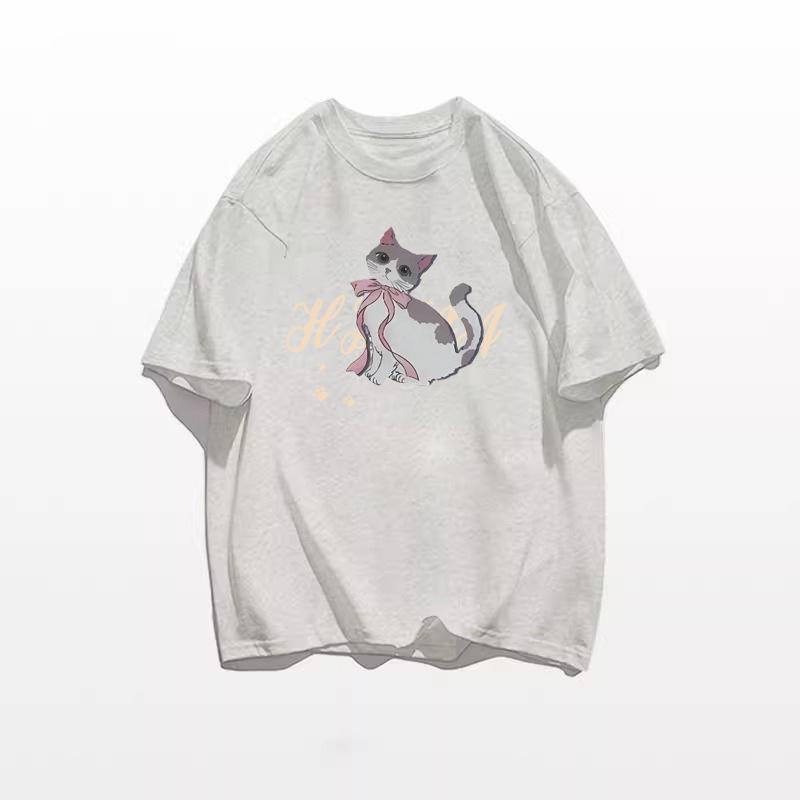 2025 Retro Cartoon Cat Cotton T-Shirt for Women - Summer Loose Fit