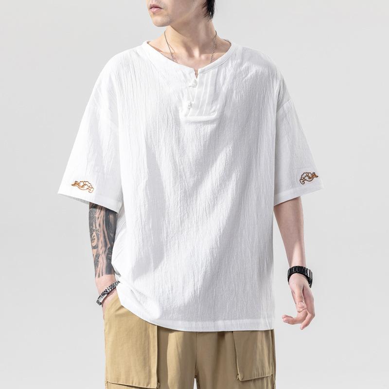 Men's Imitation Cotton Linen Style Loose Short Sleeve T-shirt Solid Shirts Casual Top Tee Shirt