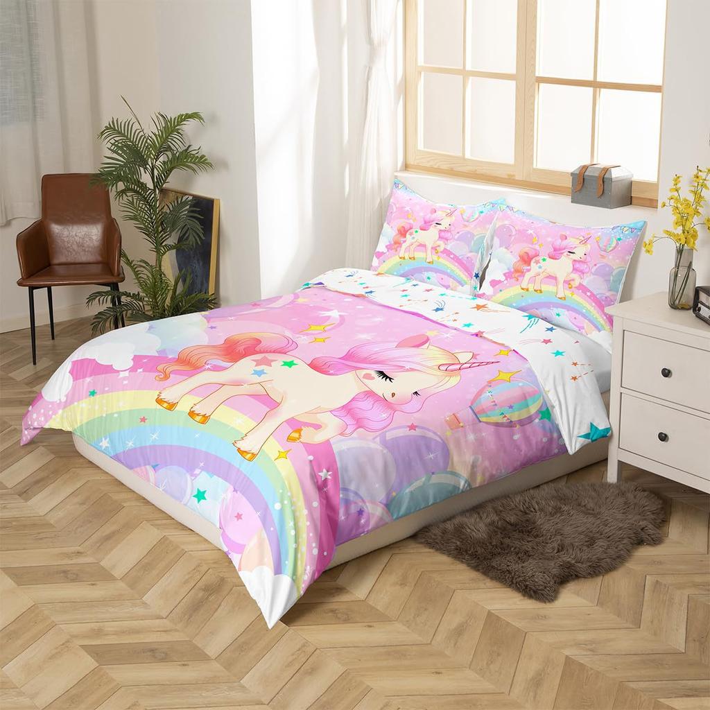 Cute Rainbow Unicorn Three-piece Quilt Cover 3D Digital Printing Bedding Set Bed Cover