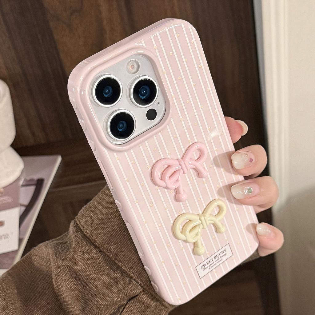 Korean Three dimensional Pink Bow Suitable for Apple 17 Mobile Phone Case Iphone16 Silicone 15promax Anti Fall