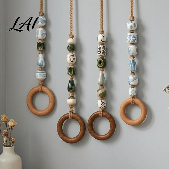 Versatile Towel Rack for Entryway Beaded Hanger with Wooden Ring Farmhouse Rustic Hand Holder Vintage Wall Mounted Storage Decorative Loop Bathroom