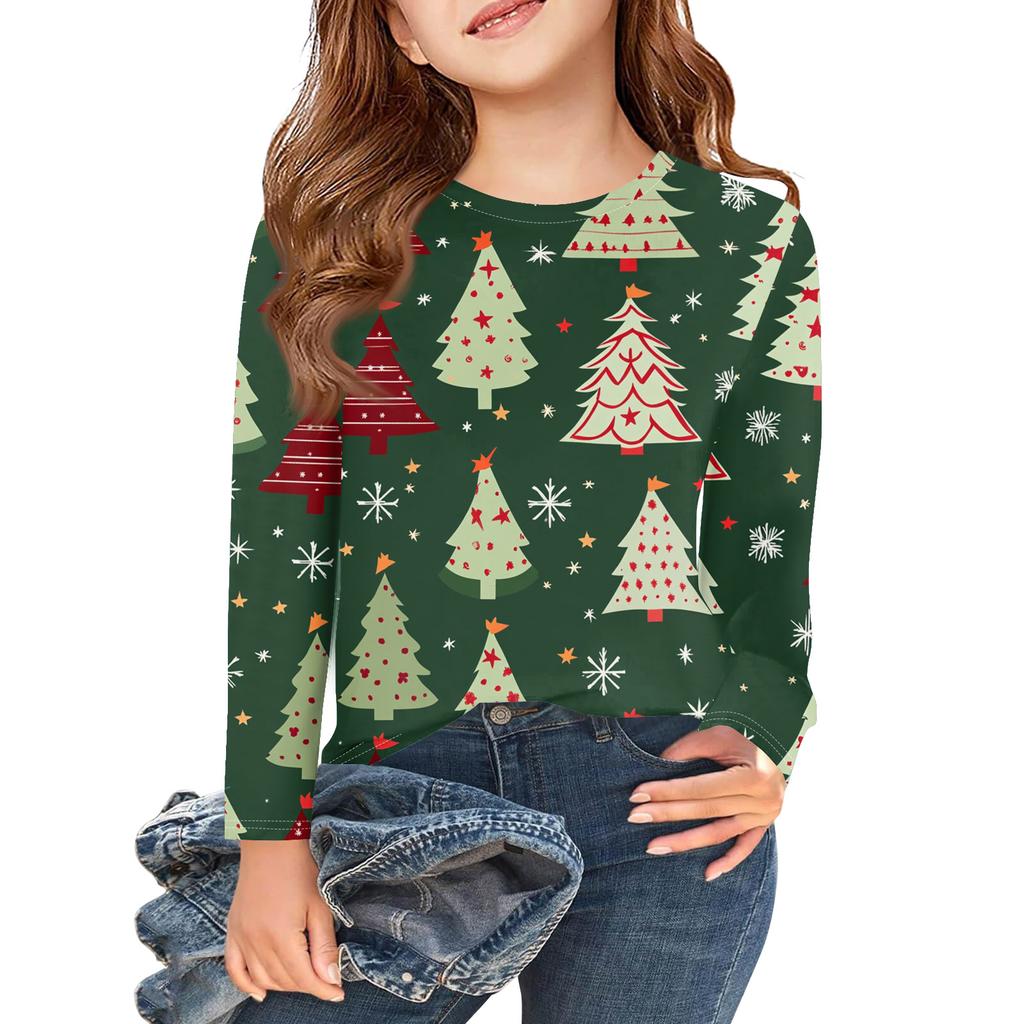 Christmas Day Girls Long Sleeve T Shirts Kids Fall Tops Crewneck Printed Basic Tees