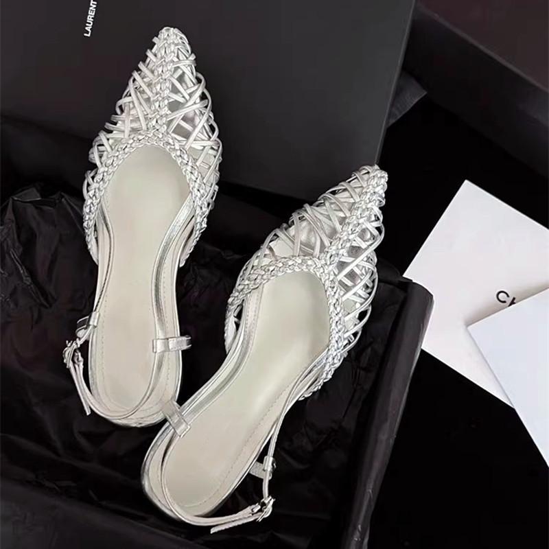 Fashion Elegant Green Openwork Woven Women Pumps Sexy Pointed Toe Square Heel Flat Sandals for Women Summer Fashion Comfort Beach Shoes