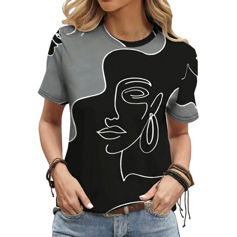 3D printed full body breathable printed round neck short-sleeved T-shirt spring and summer new women s short-sleeved tops S
