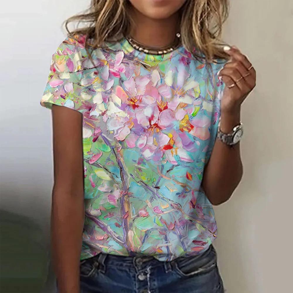 

Красивая женская модная повседневная футболка с круглым вырезом и короткими рукавами с цифровой 3D-печатью с цветочным рисунком 5XL