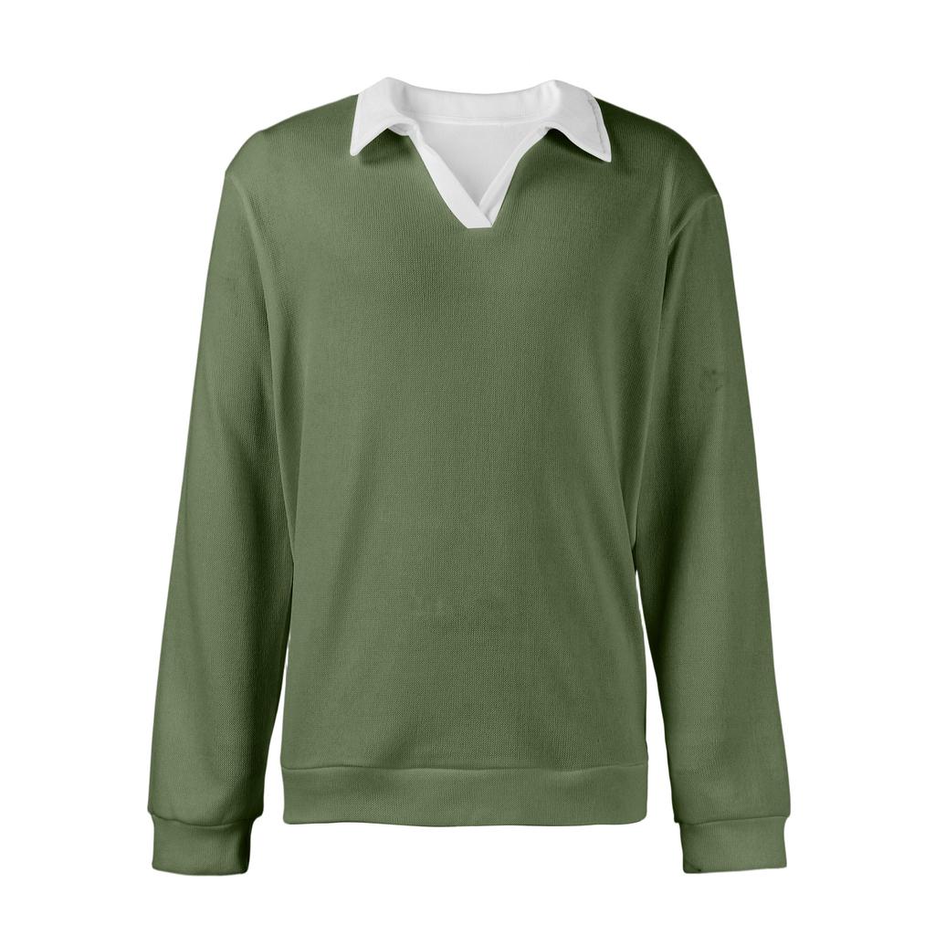 Men's Casual Color-Block Collared Long-Sleeve Knit Base Layer Top