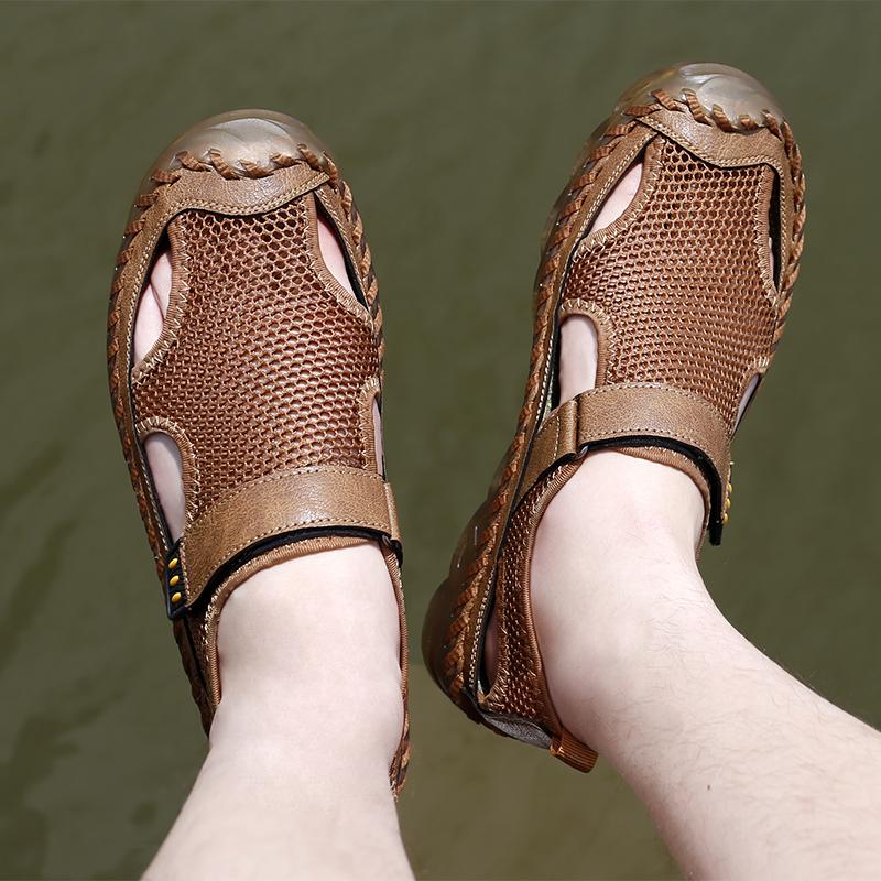 Men Outdoor Hiking Sandals Black Leather Closed Toe Grey Beach Shoes Wide Handmade Sandals Large Size for Father