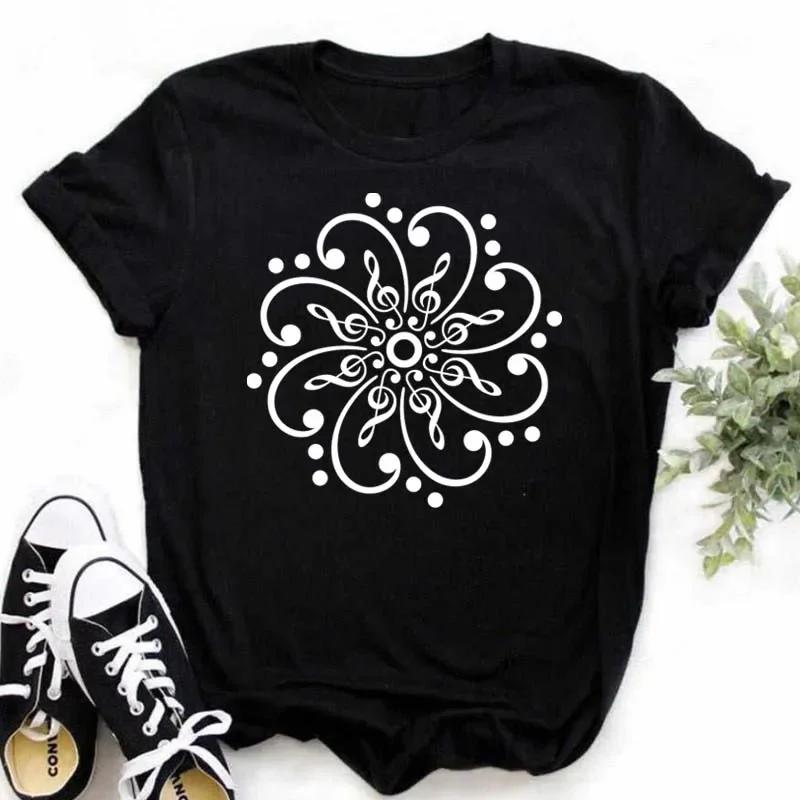 Damen T-Shirt Musik Oberteile Kurzarm Schwarz T-Shirt Damen Lässig Neu Harajuku Lustig Musiknote Kunst T-Shirt Mode