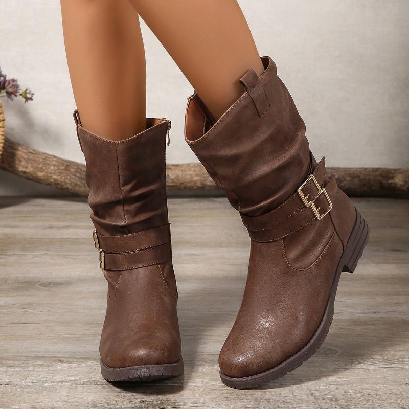 New Fashionable Women's Shoes with Chain Rivets and Thick Heels, Such As Plate-sized Mid-calf Boots