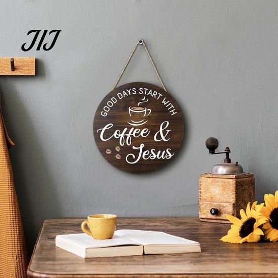 Rustic Home Wall Decor Wooden Coffee Bar Signs, Themed Hanging Sign, Cup Decorative Wood Signs for Breakfast Nook Shape & Round Plaque Farmhouse