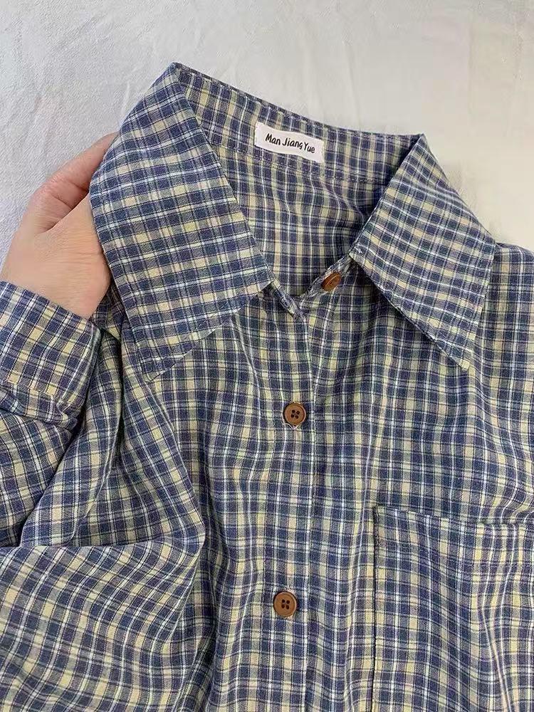 

Women s Blue Plaid Layered Shirt Jacket - Autumn/Winter Inner Wear with Niche Design for Spring Casual Outfits Medium синий