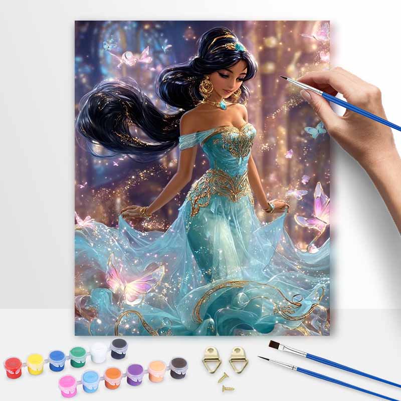 Disney Oil Painting DIY Digital Painting Princess Jasmine with Butterflies HandPainted Wall Art for Living Room and Entryway.