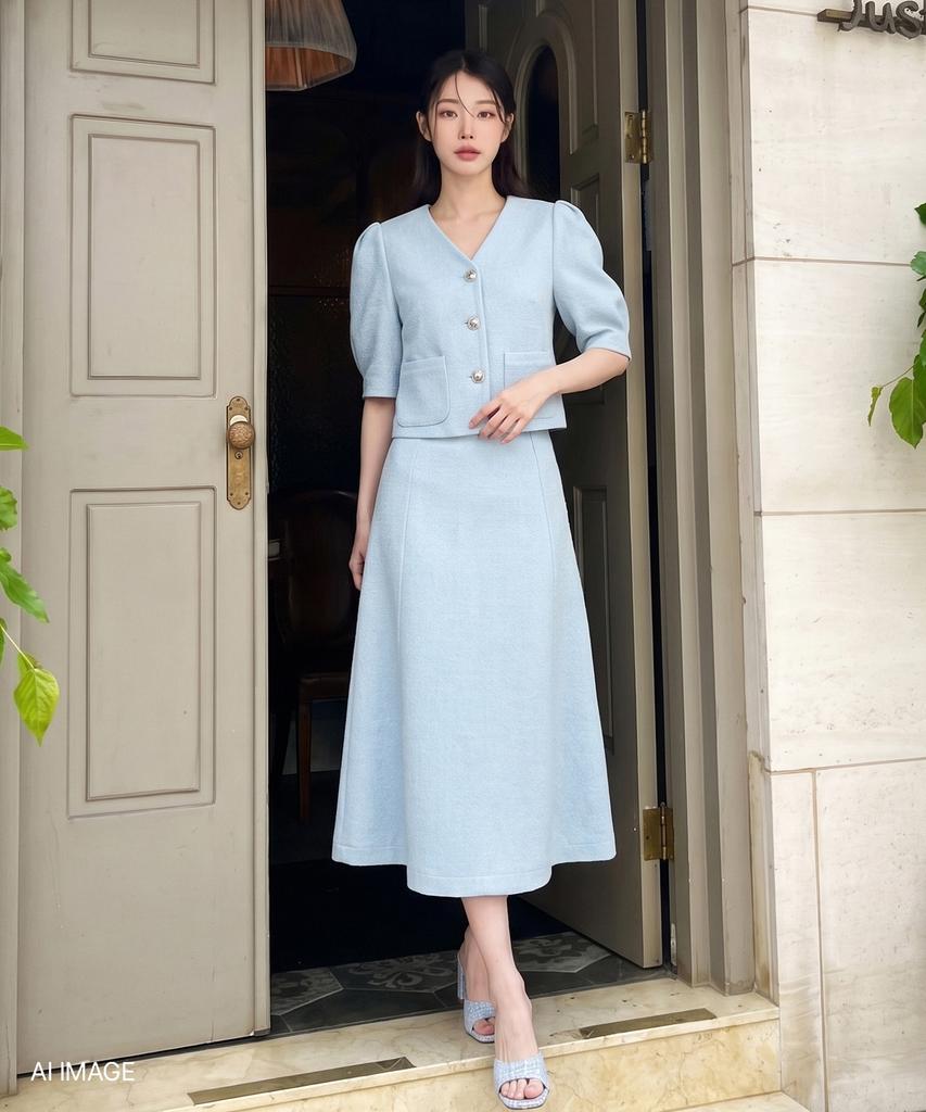 ZEROSTREET [Set] Short Sleeve Soft Tweed Jacket & Skirt / Light Blue