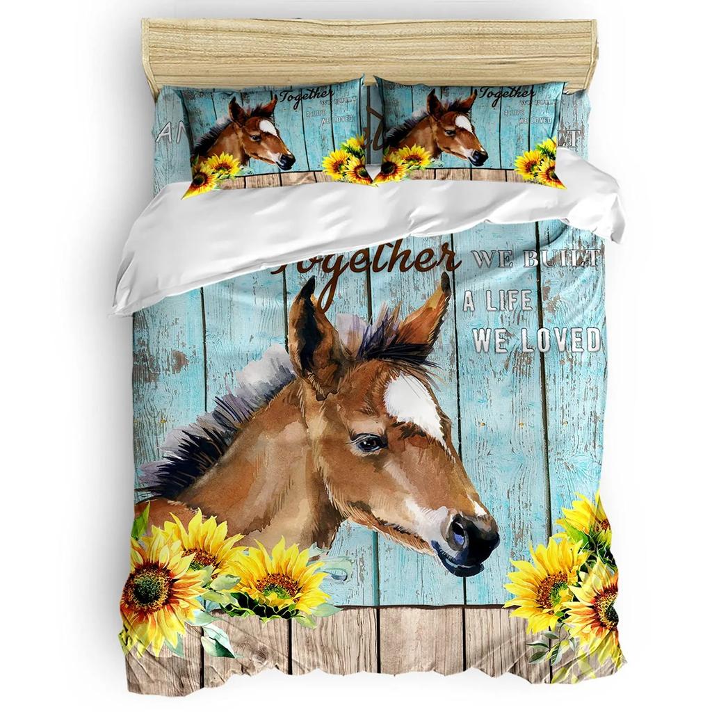 Donkey King Queen Duvet Cover Cartoon Funny Donkey Bedding Set Farmhouse Animal Comforter Cove Sunflower Polyester Quilt Cover
