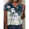 Summer V-neck 3D Flower Printed Top Fashionable Casual Elegant Short Sleeved Women's T-shirts