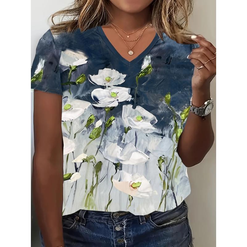 Summer V-neck 3D Flower Printed Top Fashionable Casual Elegant Short Sleeved Women's T-shirts