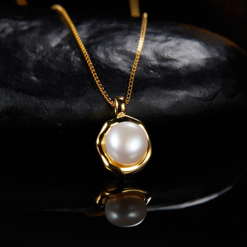 S925 Pure Silver Natural Pearl Pendant Necklace K-Gold Plated Real Freshwater Pearl Box Chain Necklace for Women Pendant&8-8.5mm
