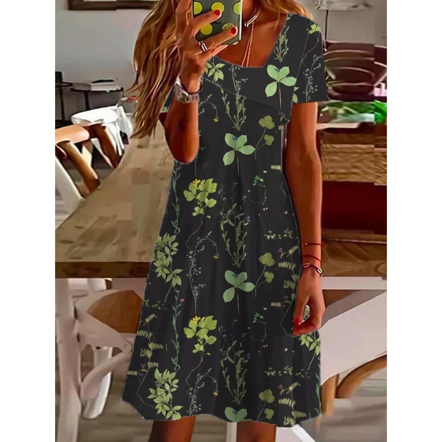 

2025 Новое женское платье с заниженной талией, элегантное платье с принтом, весна-лето, свободное и удобное XXL темно-зеленого