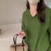 One-button Design Pit Strip Knitted Sweater Simple Lazy Solid Color Navy Lapel Sweater Women's Autumn and Winter New