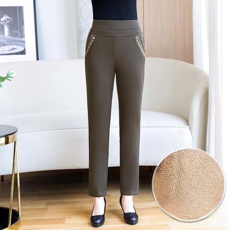 Lamb Plush Mother Autumn and Winter Style Plush Thickened Long Trousers Warm Cotton Pants Elastic Waist Middle-aged and Elderly Women Wear Outside
