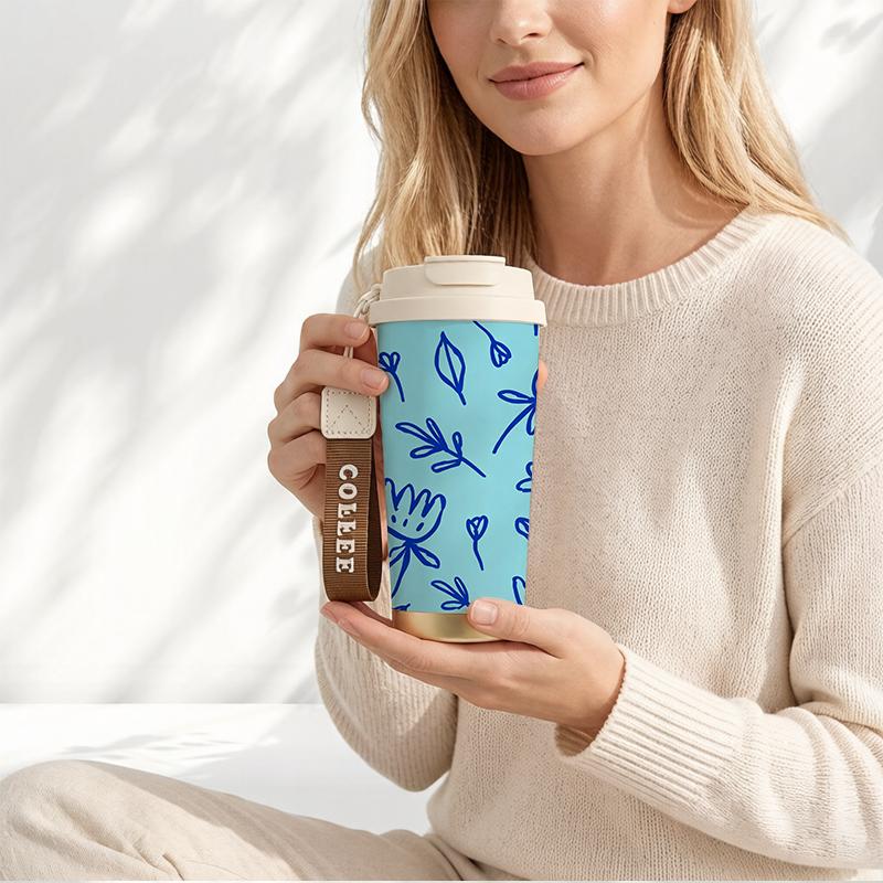 532ml Coffee Mug Flower Branch Element Lanyard Insulated Cup Stainless Insulated Cup Lightweight Cup Leakproof Coffee Cup Beach Cup 532ml Coffee Mug