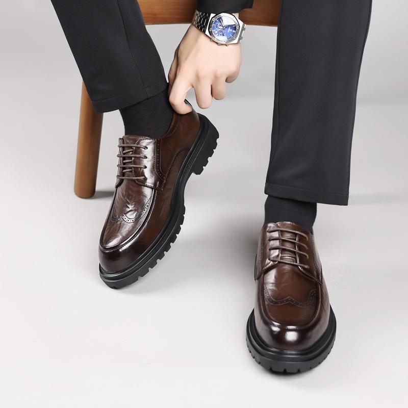 Men's business thick soled leather shoes Suit gentleman retro style Groom's wedding party Black brown Derby lace-up shoes