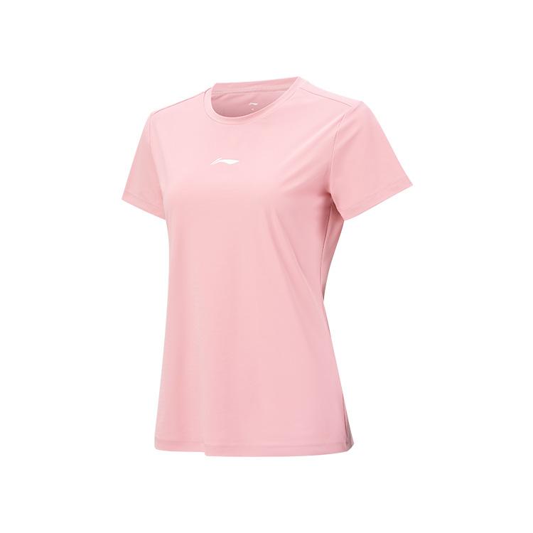 Li Ning Table Tennis Series Solid Color Fitted Brand Logo Minimalist Breathable Short Sleeve T-Shirt Unisex Tops Frosted-Pink ATSV616-1
