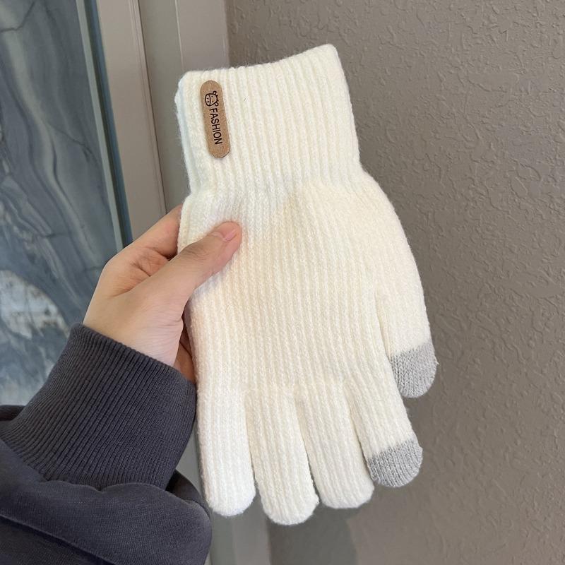 Women's winter touch screen gloves, piled and thickened warm cycling cold-proof wool knitted outdoor men's five-finger gloves
