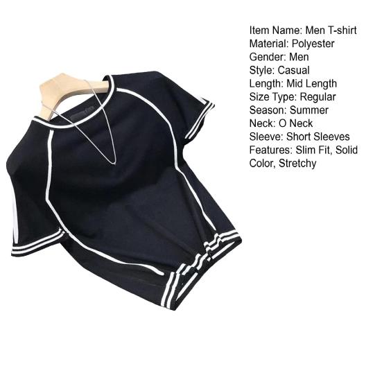 Summer Men T-shirt Short Sleeves Knitted Round Neck Solid Color Stretchy Pullover Slim Fit Cooling Sport Top Casual Daily Wear Clothes