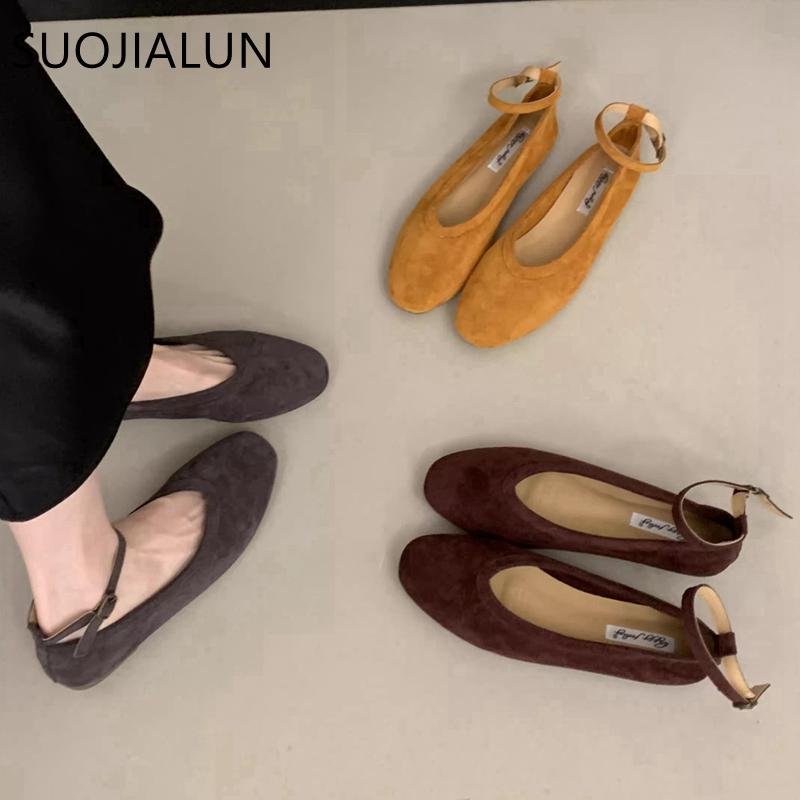 Fashion SUOJIALUN 2025 Autumn New Women Flat Shoes Fashion Round Toe Ankle Starp Ladies Mary Jane Shoes Soft Flat Heel Dress Boat Shoes