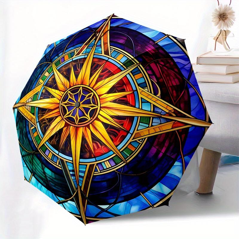 Stained Compass Rose Window ArtUmbrella, Portable 3-Fold Compact Umbrella for Men & Women Gift