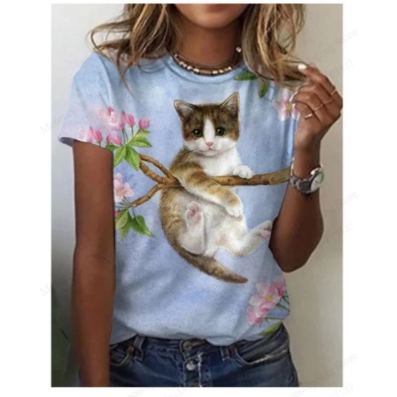 Summer Round Neck 3D Cat Print Top Fashionable Casual Short Sleeved Women's T-shirts