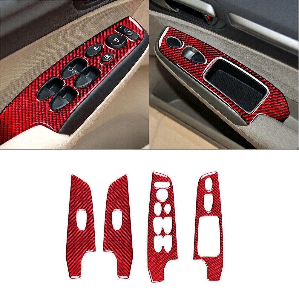 4Pcs Red Carbon Fiber Window Control Cover Trim For Honda Civic 8th 2006-2011