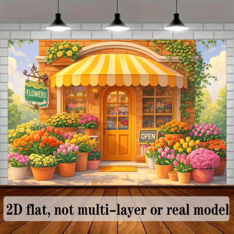 2D Colorful Tulip & Rose Flower Shop Banner, Yellow Awning Florist Wall Hanging for Photo Booth
