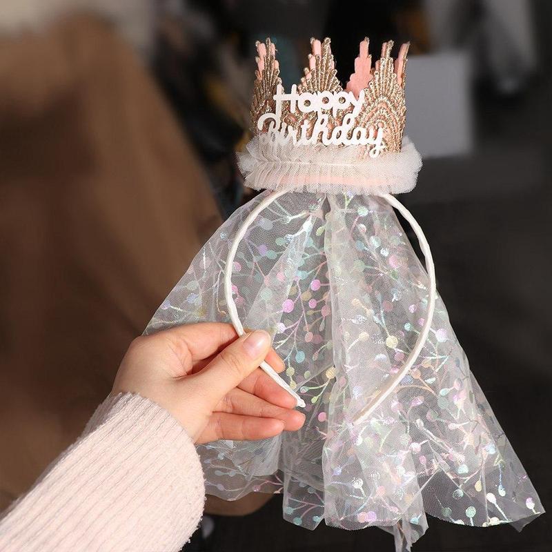 Korean Style Crown Gauze Headband Hair Accessories Headwear Lace Mesh Hair Hoop Photo Props Headdress Happy Birthday Hairband