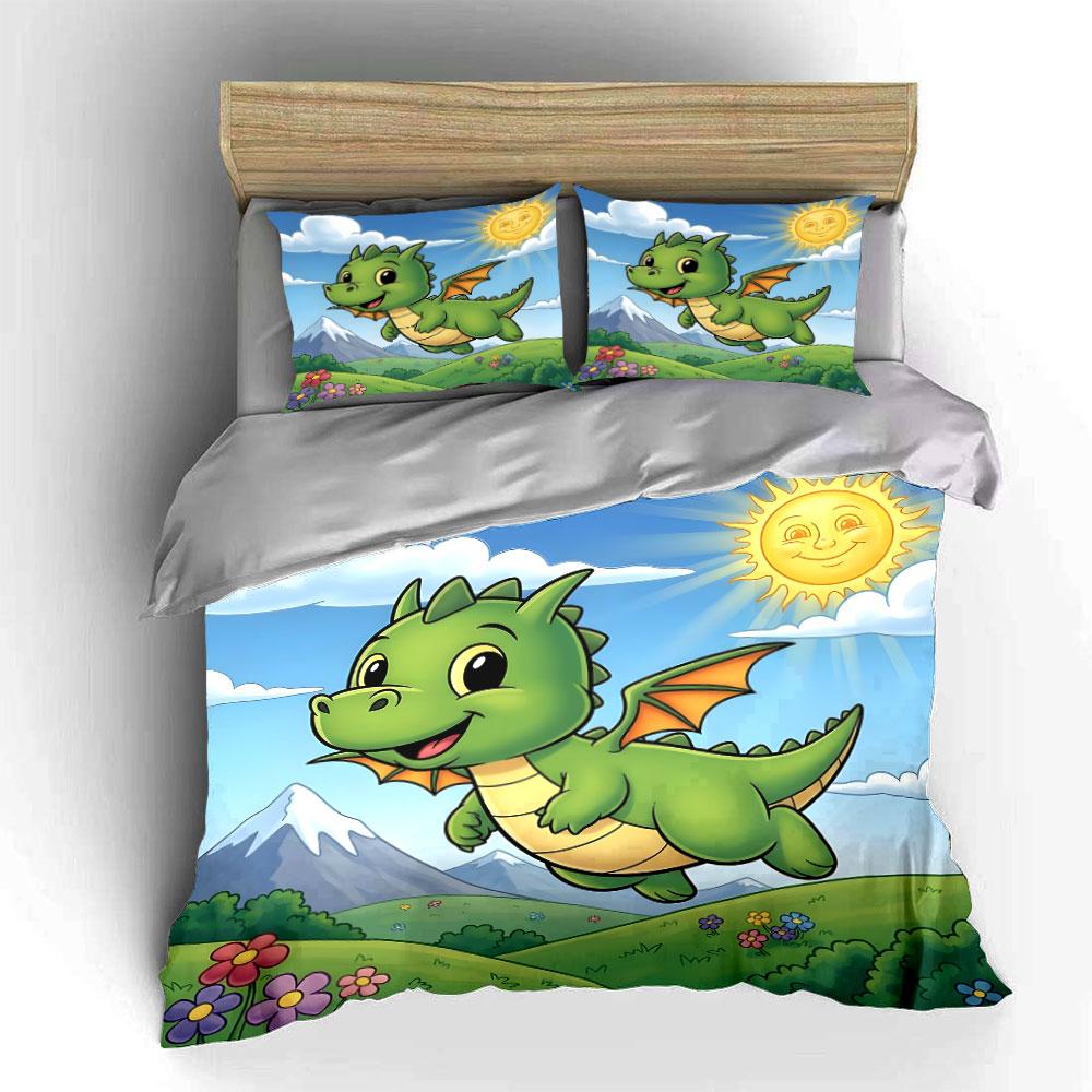 Multiple sizes Cute cartoon dragon Print Bedding Set 1 Duvet Cover 2 Pillowcases for Adult and Children Luxury Gift Full Size