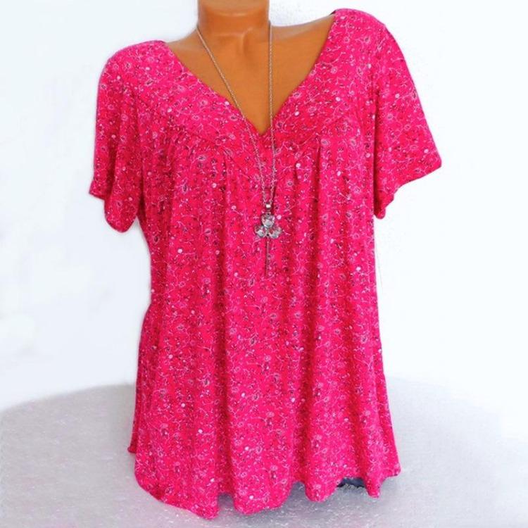 Summer Casual Loose V-neck Printed Short-sleeved T-shirt for Women Plus Size