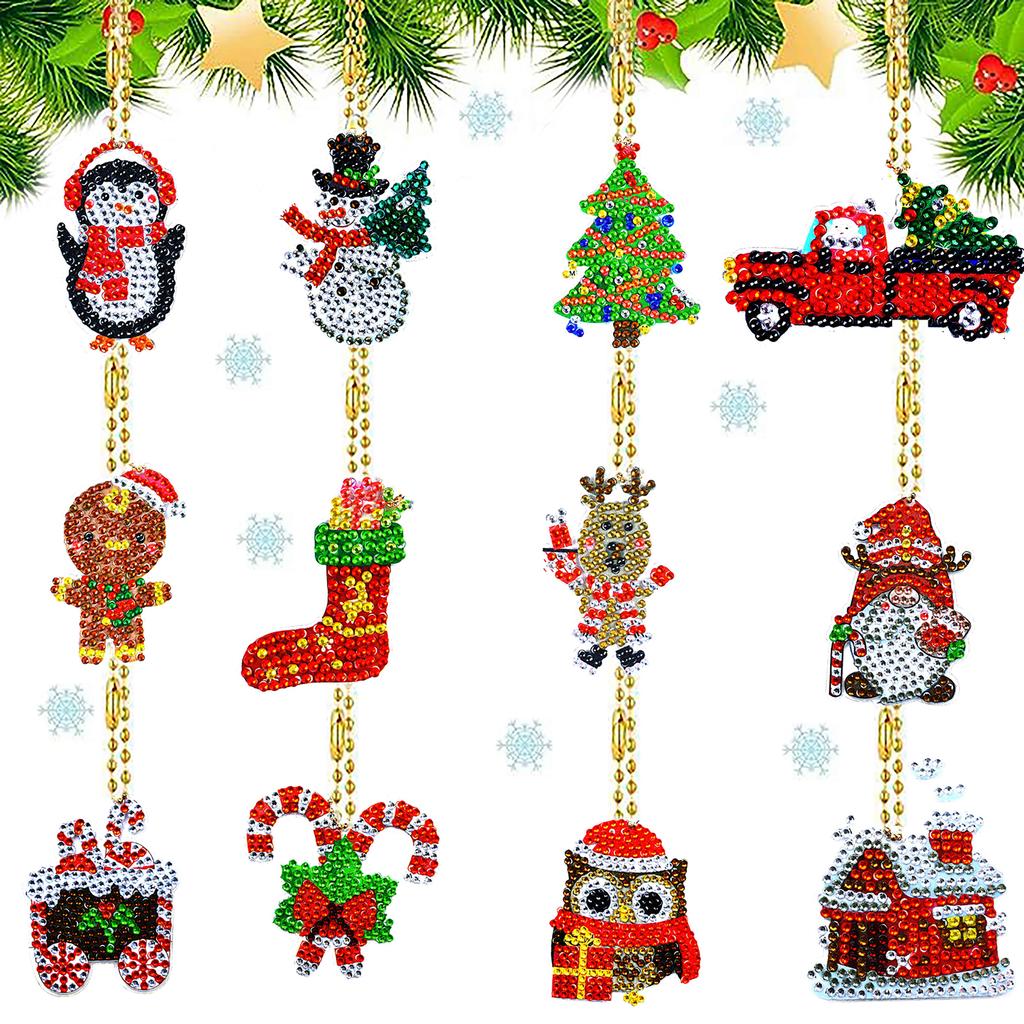 12pcs/Set DIY Diamond Painting Christmas Keychains Double Sided Crystal Rhinestones Key Chains Diamond Art Christmas Ornaments