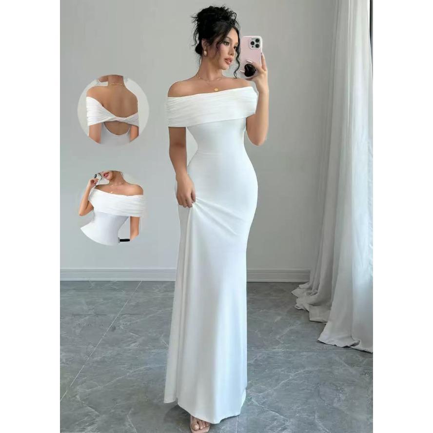 YYFS Women's Fashion Summer Spring Solid Color Print Short Sleeve One Shoulder High Waist Casual Dresses