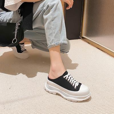 Schaffell-Version~ Frühling und Sommer Baotou Halbschuhe Damen tragen dicksohlige innen höhenverstärkende Canvas-Schuhe weiße Schuhe