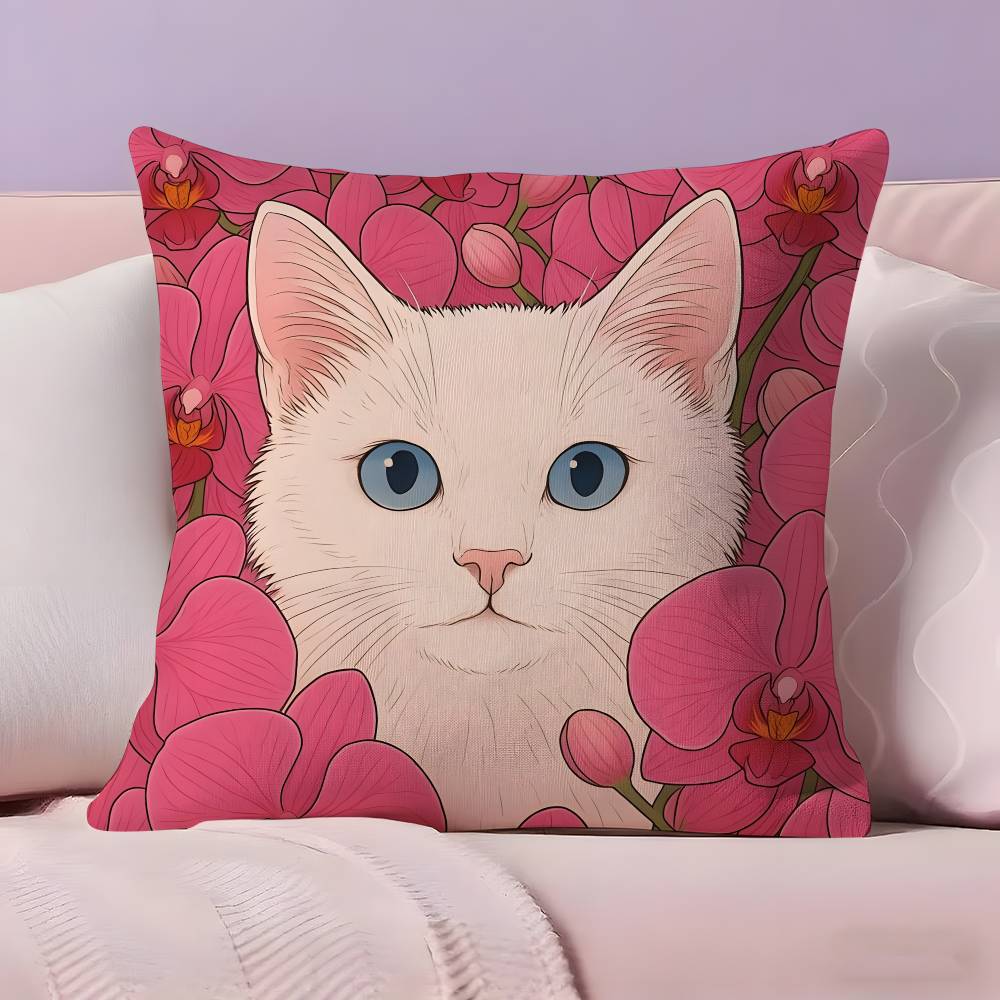 Cat in the flowers aesthetic Pillow Case  Ultra Soft Skin Friendly Fabric Cloud Like Comfort & Concealed Zipper