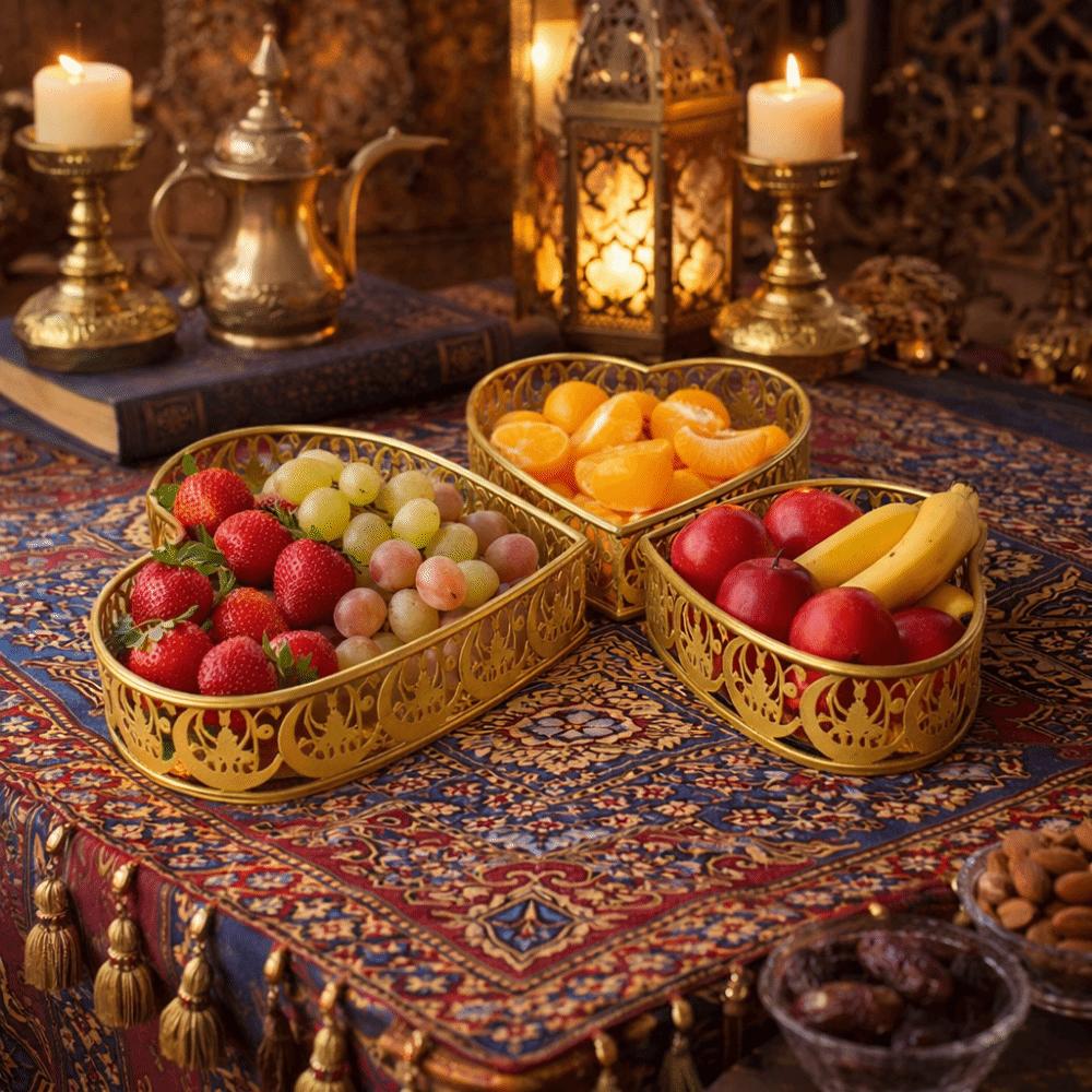 3Pcs Gold Color Ramadan Festival Art Tray Elegant Eid Candy Dish Islamic Holidays