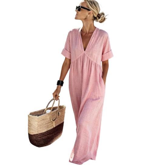 Sommer Baumwoll-Leinen Maxikleid für Damen Lässiges V-Ausschnitt Kurzarm A-Linien Kleid Strandurlaub Fließendes Sommerkleid mit Taschen