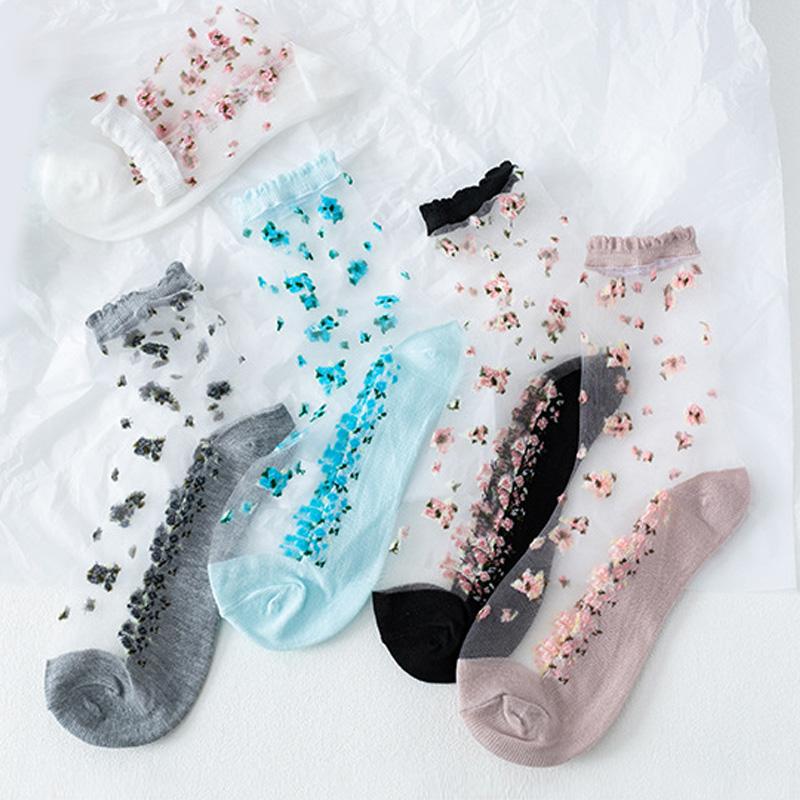 5Pairs Elastic Socks Crystal Glass Silk Ultrathin Lace Literary Sale Summer Transparent Jacquard Short Socks