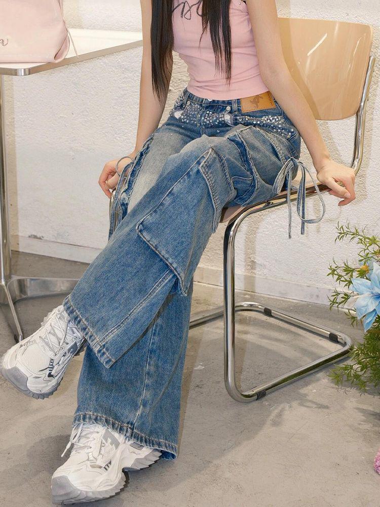Women's Summer Cargo Pants - Lace-Up Multi-Pocket Wide Leg Trousers with Hot Drill Patchwork